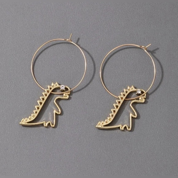 Moon Goddess Emporium Jewelry - 14K Gold Hoop Earrings With Dinosaur T-Rex Silhouette With Diamond Eye Accent